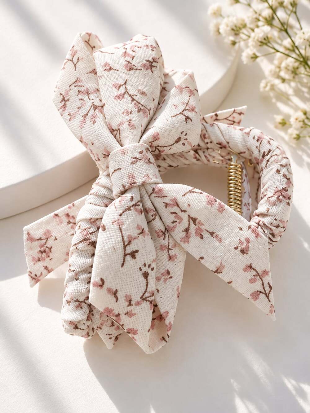 Cream Pink Floral Fabric Claw Clip Bow Romantic Feminine Cottagecore Hair Clip